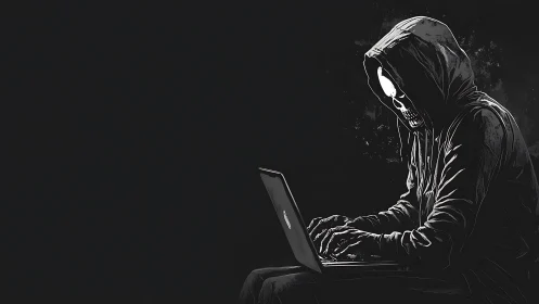 Midnight coder in a skull mask explores the digital abyss.