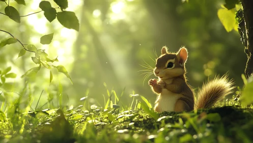 Adorable Cartoon Chipmunk in Sunlit Forest with Soft Lighting.