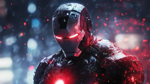 Battle-damaged armored exosuit under volumetric red particle lighting