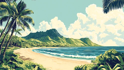 Tropical Beach Scene with Mountain, Palm Trees, and Ocean Waves