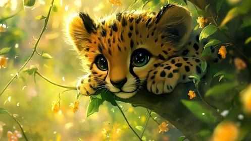 Golden-Eyed Leopard Cub Nestled in Sunlit Vines.