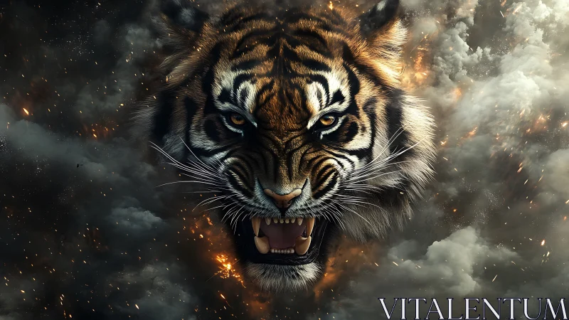 Tiger head emerging from smoky, fiery atmospheric clouds.