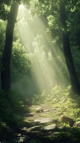 Sunlight breaks through towering forest cathedral in hushed splendor