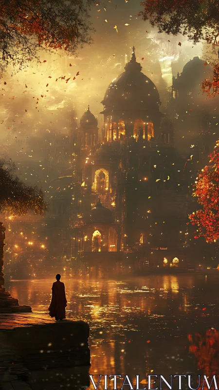 Monk studies luminous riverside temple under golden dusk