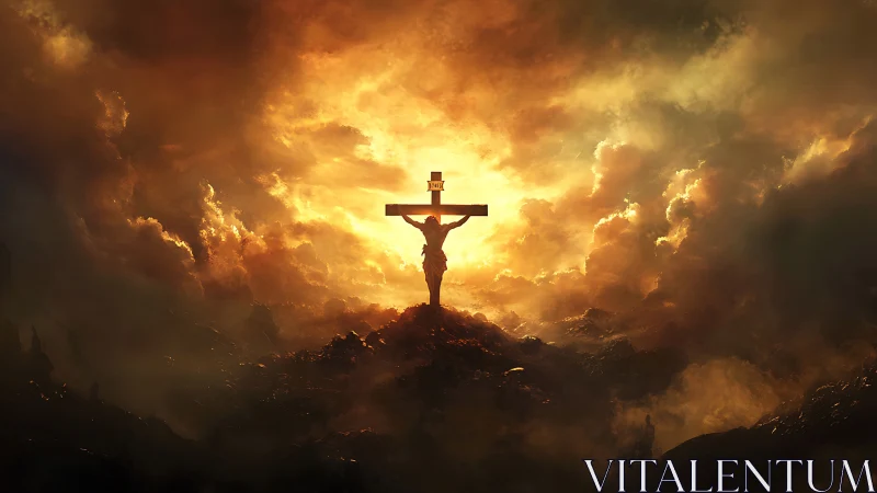 Cruciform silhouette ignites a storm-split apocalyptic sky.