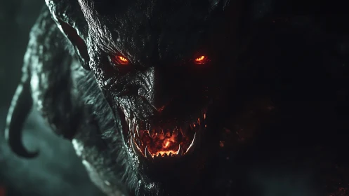 Infernal horned demon portrait with molten glowing eyes.