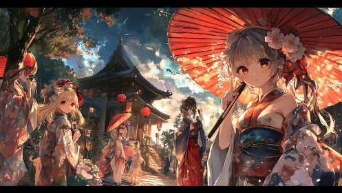 Evening shrine promenade with kimono girls and paper umbrellas