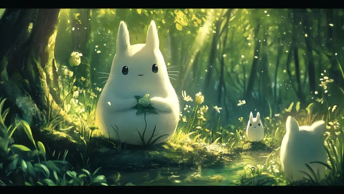 Gentle forest creatures share a quiet moment in golden light