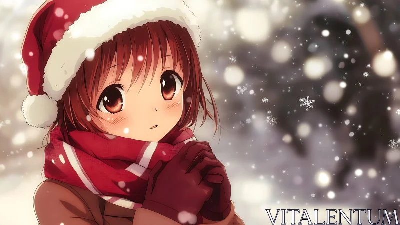 Soft-lit anime girl in winter coat, scarf and Santa hat gazing upward