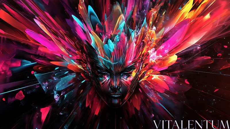 Radiant cosmic face emerging from a burst of bright color.