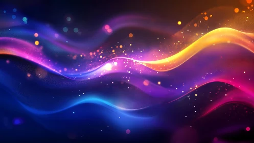 Vibrant neon light waves over deep cosmic gradient background.