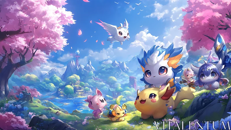Chibi fantasy creatures explore bright valley under pink trees
