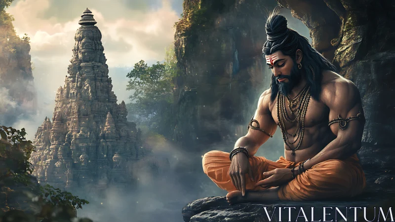 Mountain sage in quiet meditation beside misty temple.