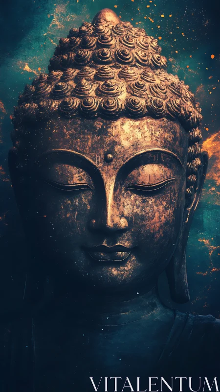 Celestial bronze Buddha listens quietly to drifting stardust