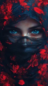 Veiled blue eyes stare through dark petals and silence