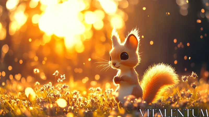 Cute fantasy squirrel in glowing sunset wildflower field.