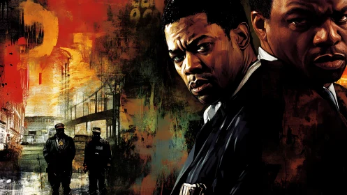 Gritty urban crime portrait with dual cops over painted skyline.