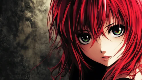 Crimson haired anime girl framed by dark textured wall.