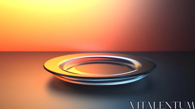 Elegant glass plate on reflective surface with warm sunset lighting.