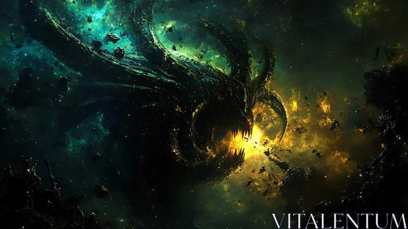 Cosmic leviathan rising in glowing green and golden void.