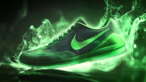 Neon green athletic sneaker glows amid dynamic vapor streams