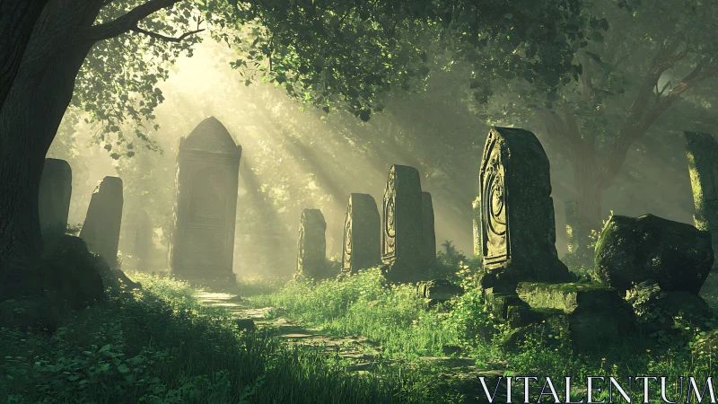 Sunlit stone grave markers stand in a dense forest clearing