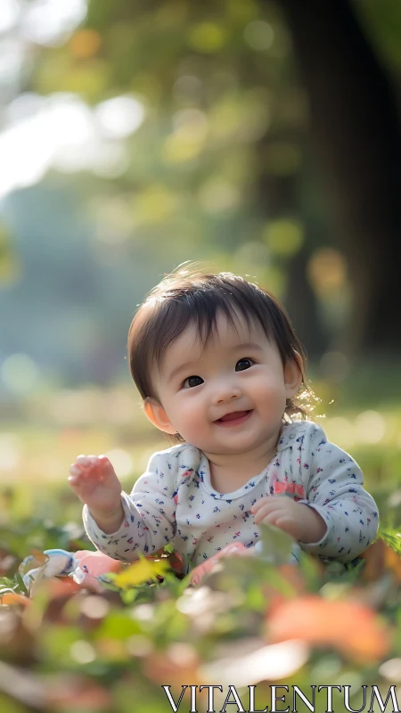 Smiling toddler in floral print attire positioned centrally in sunlit garden environment.