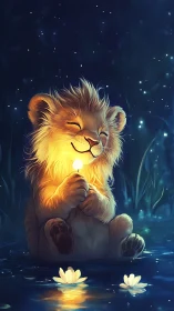 Sleepy lion cub holding a tiny light in moonlit water.