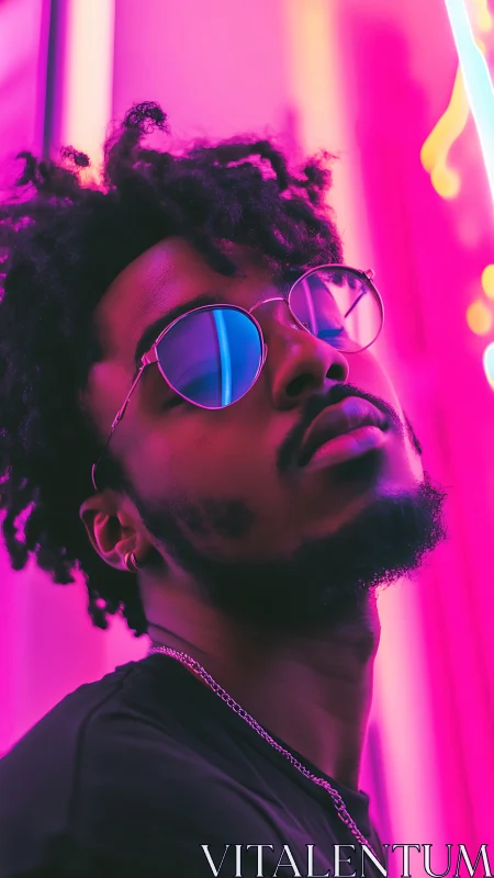 Neon halo swagger under hot pink city glow reflection.