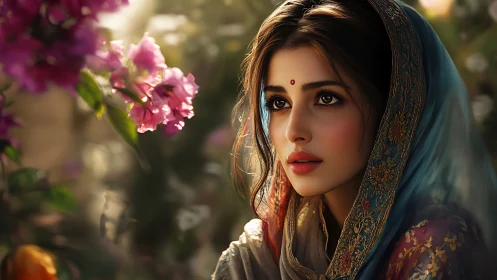Portrait of a veiled woman in dappled floral bokeh light