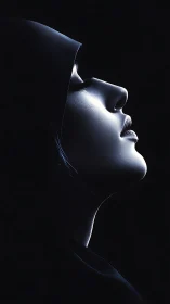 Hooded woman in luminous profile embraces quiet darkness