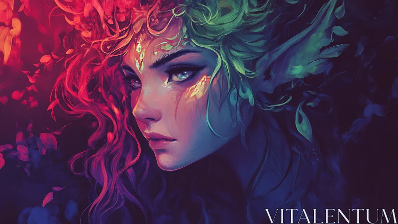 Elf portrait in vivid neon reds, greens, and blues.