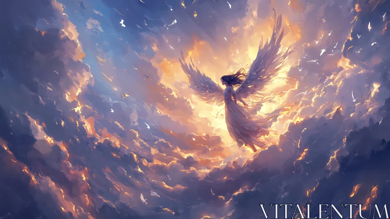 Winged figure rises through radiant clouds at sunset