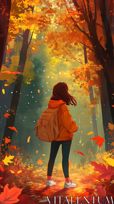 Girl with backpack pauses in radiant autumn forest glow