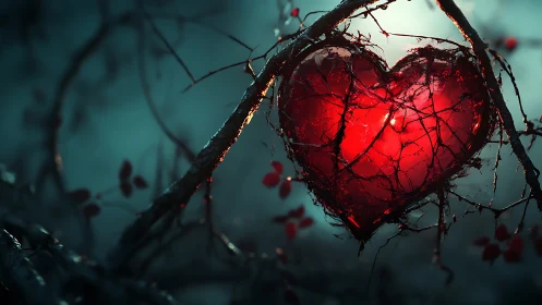 Illuminated red spherical form enclosed in branching dark structures