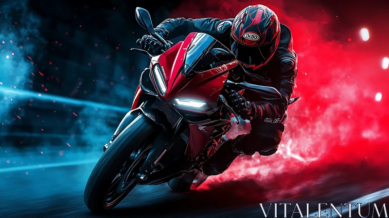 Racing superbike cuts through neon smoke in a night sprint