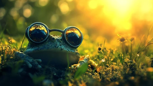 Frog wearing reflective goggles in golden hour meadow light.