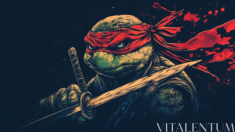 Masked mutant turtle warrior portrait with katana, inked splatter