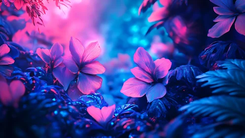 Neon flowers glow within dense bioluminescent foliage