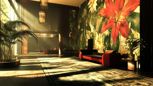 Sunlit modern lobby with bold floral feature wall decor.