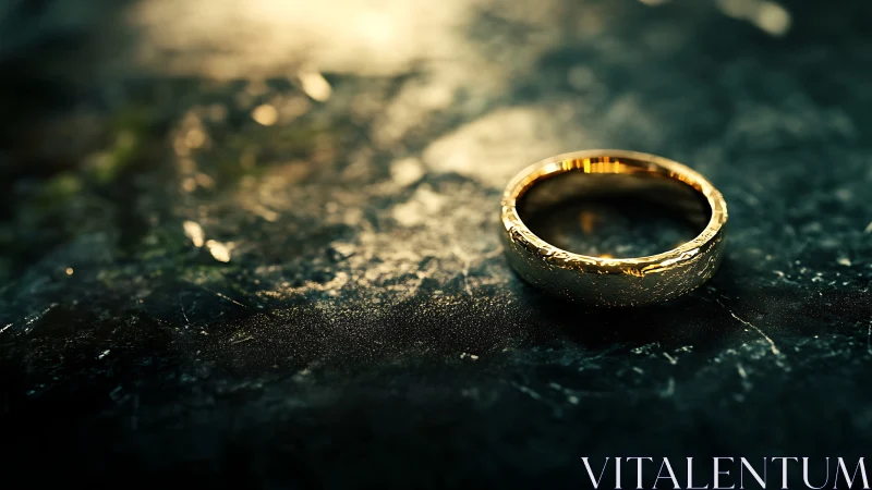 Gold ring rests on textured dark stone under focused light