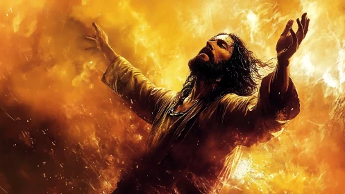 Fiery robed figure raises open arms in a glowing golden storm