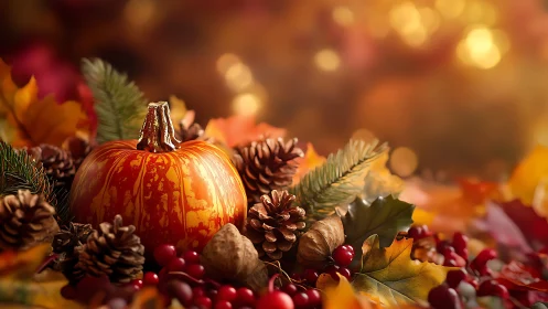 Striped pumpkin rests amid pinecones and autumn foliage