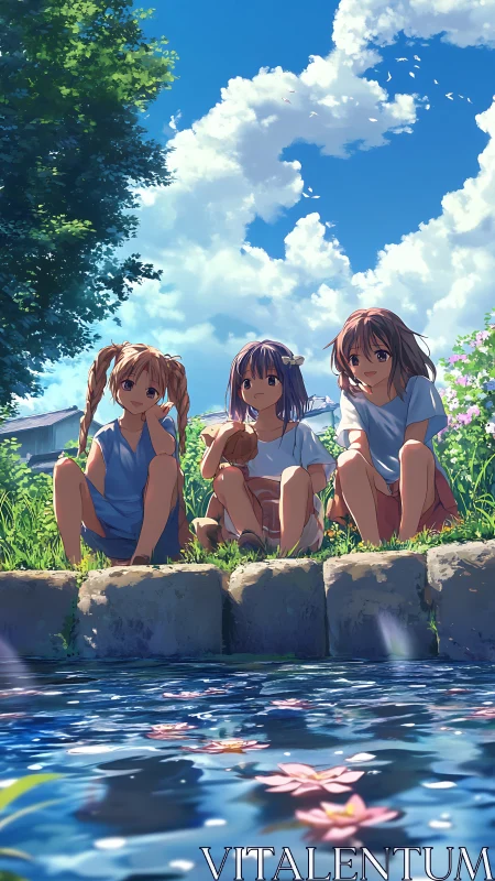 Summer sky leans close as three friends guard a sleepy pond
