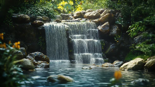 Tranquil forest waterfall cascades over mossy rock ledge