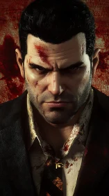 Battle-worn man in bloodstained suit glares with grim resolve