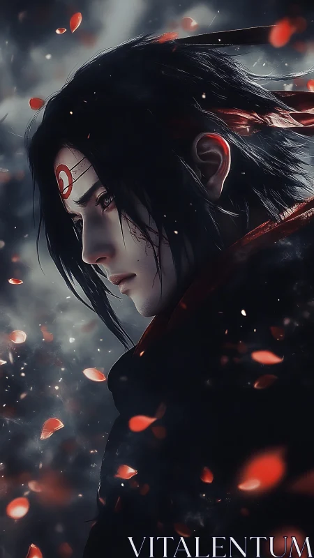 Side profile of dark-haired warrior amid drifting petals