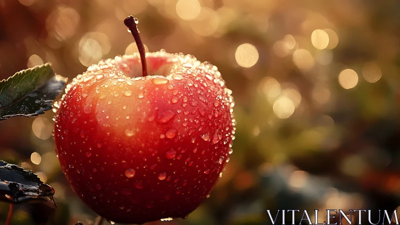 Red apple glistens with dew in warm golden sunrise orchard.