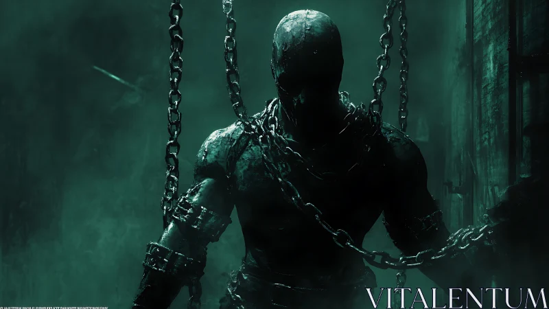 Shackled shadow titan emerging from toxic emerald gloom.