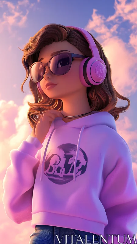 Stylized girl in hoodie with headphones under sunset sky